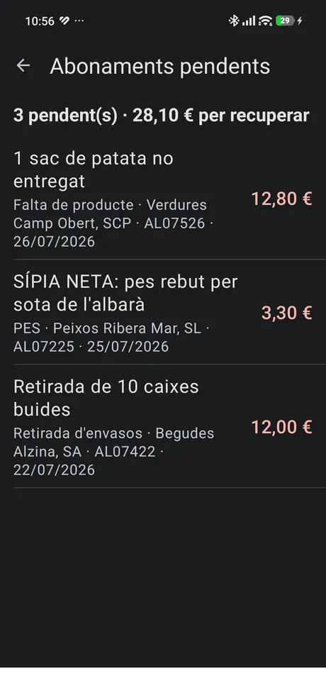 Llista d'abonaments pendents amb el motiu, el proveïdor, el número d'albarà i l'import de cadascun